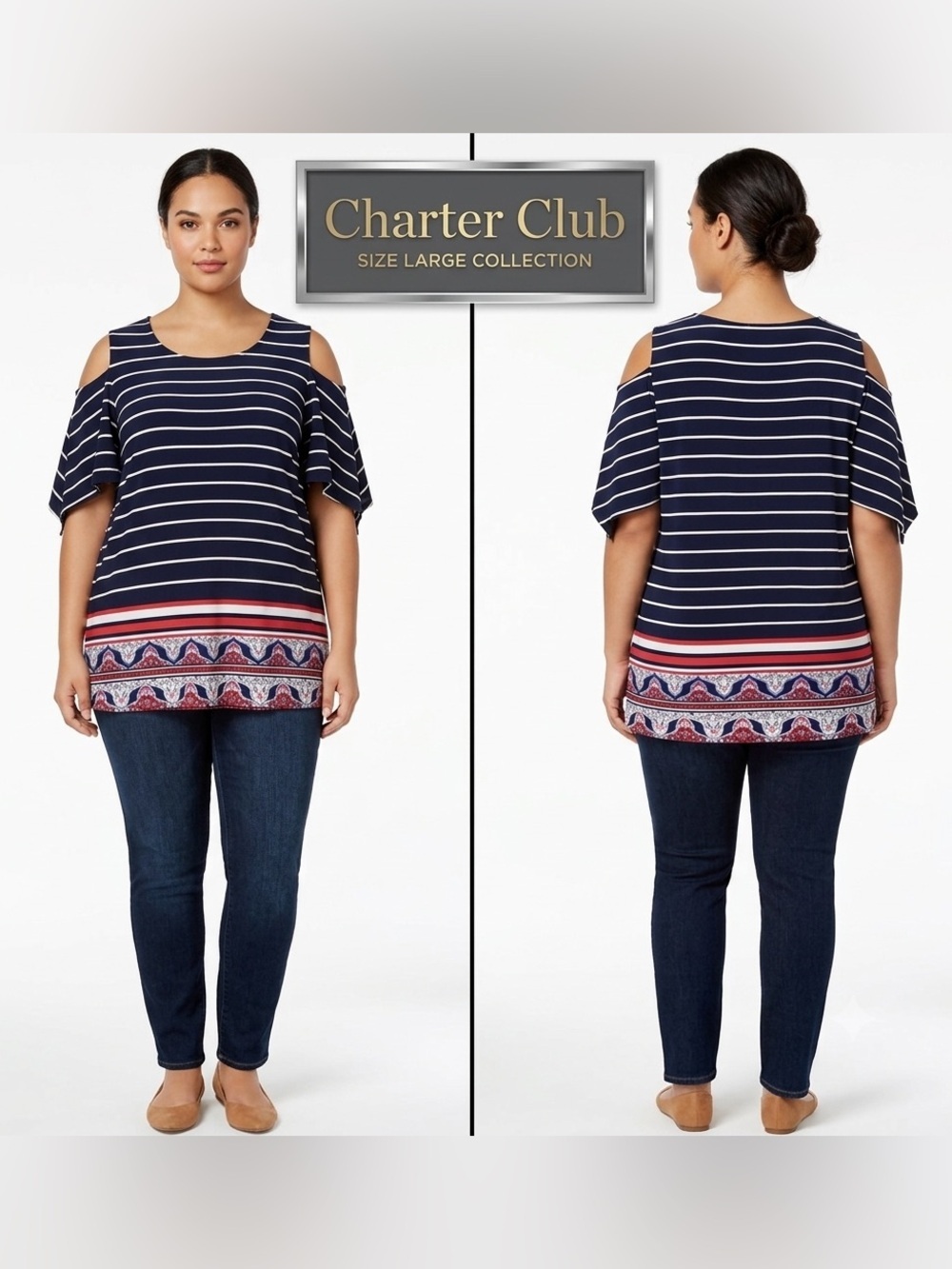 Charter Club Cold Shoulder Tie Sleeves Intrepid Blue Combo NWT Large